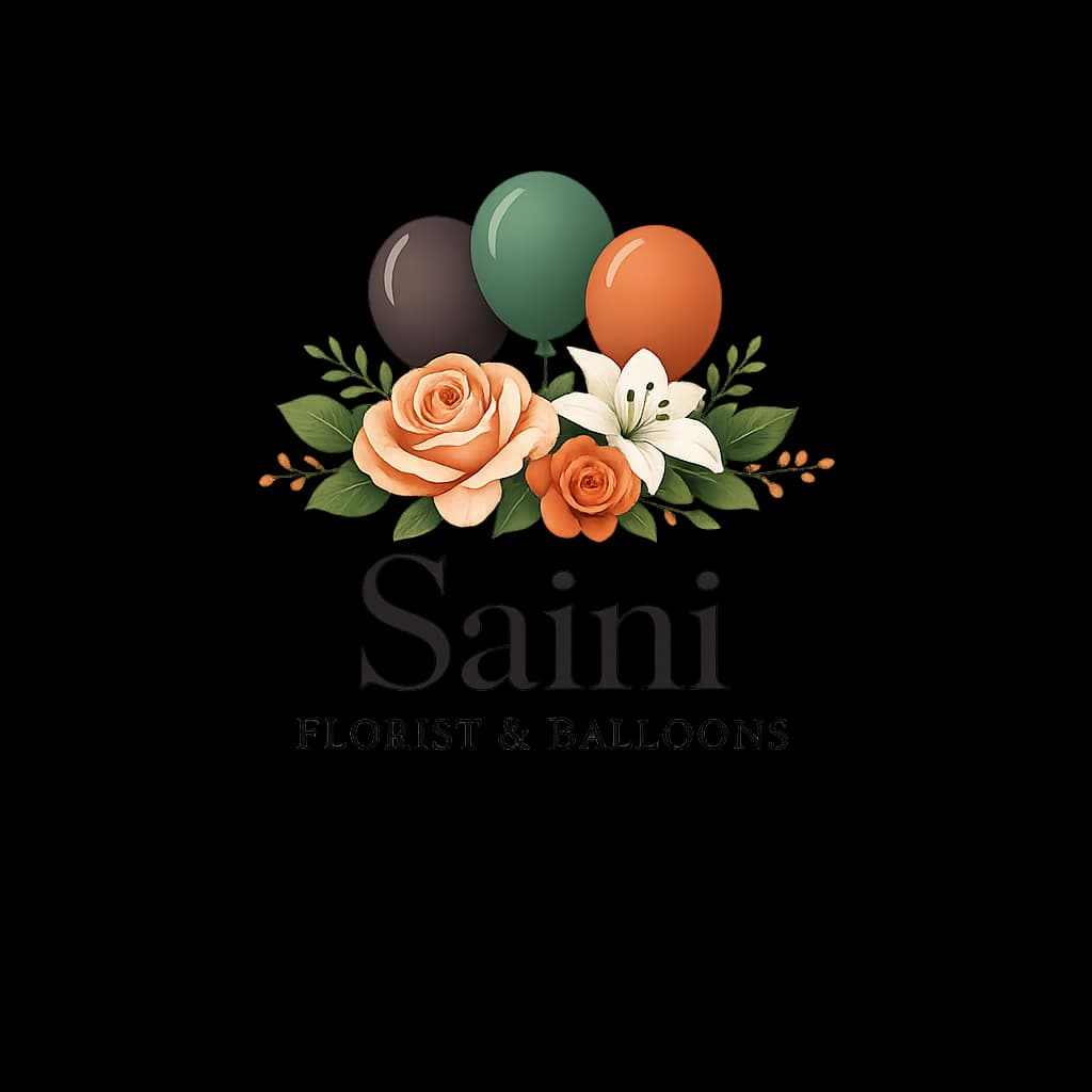 Saini Florist & Balloons logo with floral and balloon design in warm earthy tones