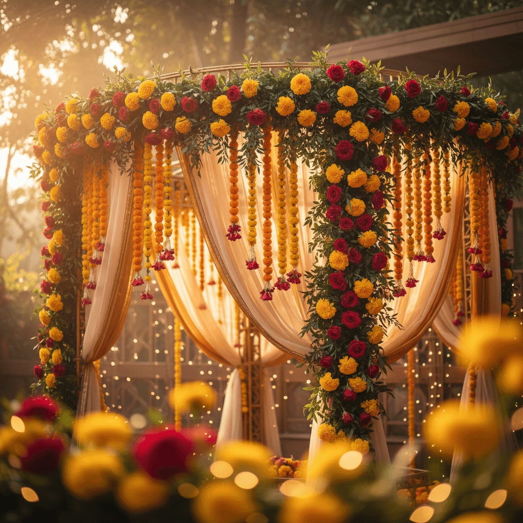 Elegant floral mandap with fresh flowers and greenery for wedding