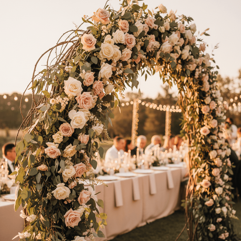 Floral wedding arch with roses and greenery