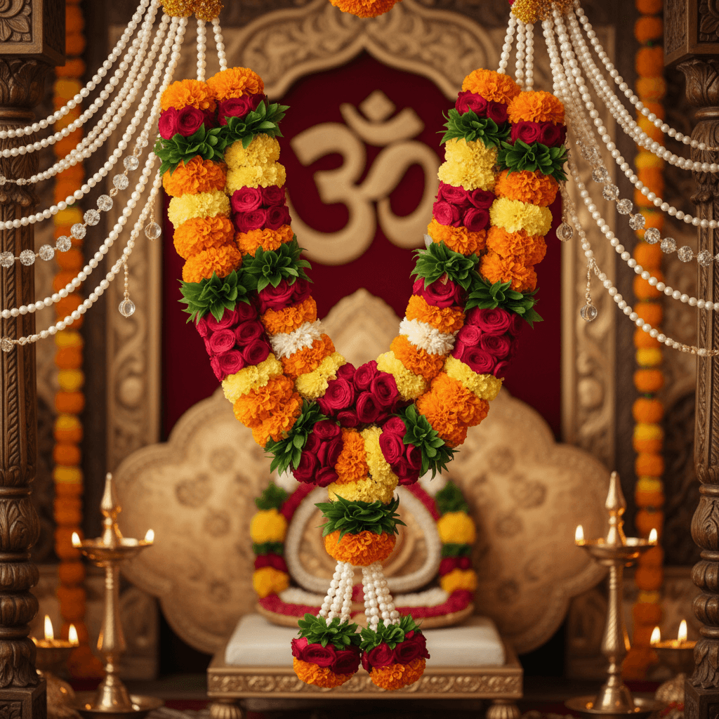 Intricately crafted Jai mala garland with marigolds and roses for a traditional ceremony