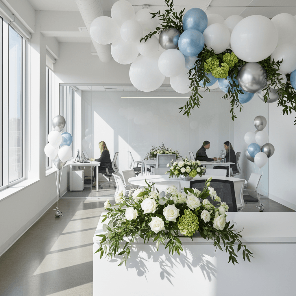 Professional floral and balloon decorations in a modern office space