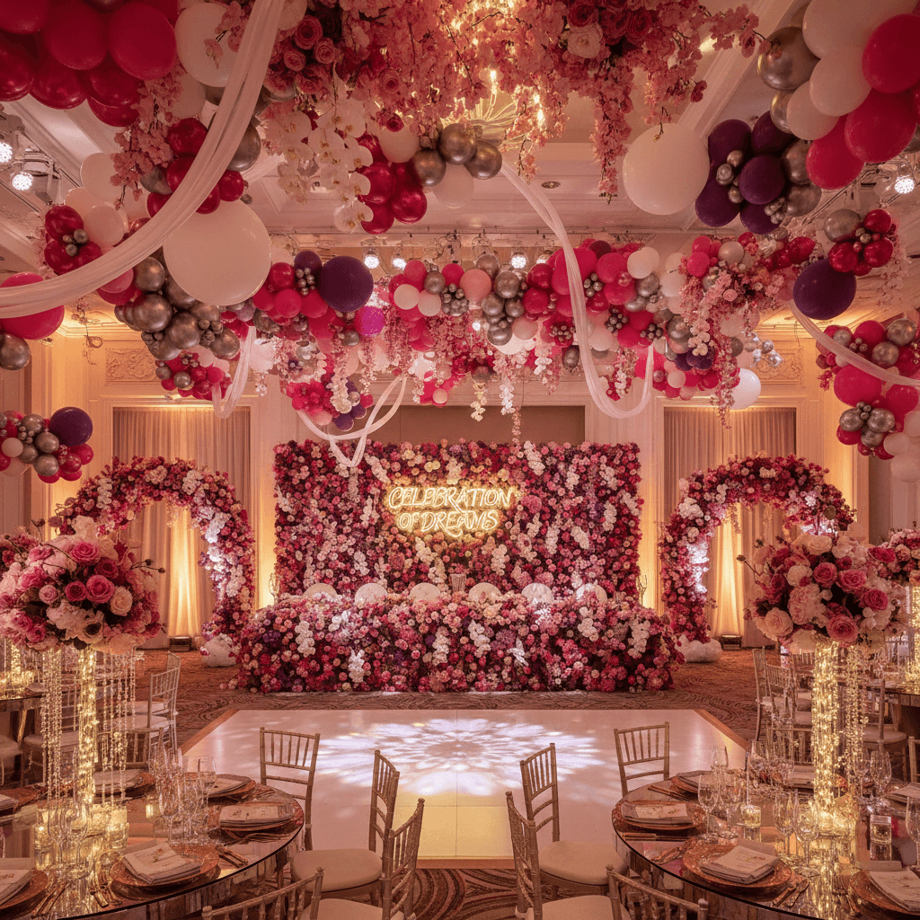 Fully decorated party hall with balloon installations and floral arrangements