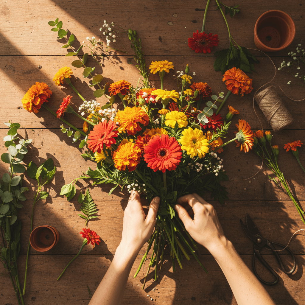 Florist arranging fresh flowers in bouquet