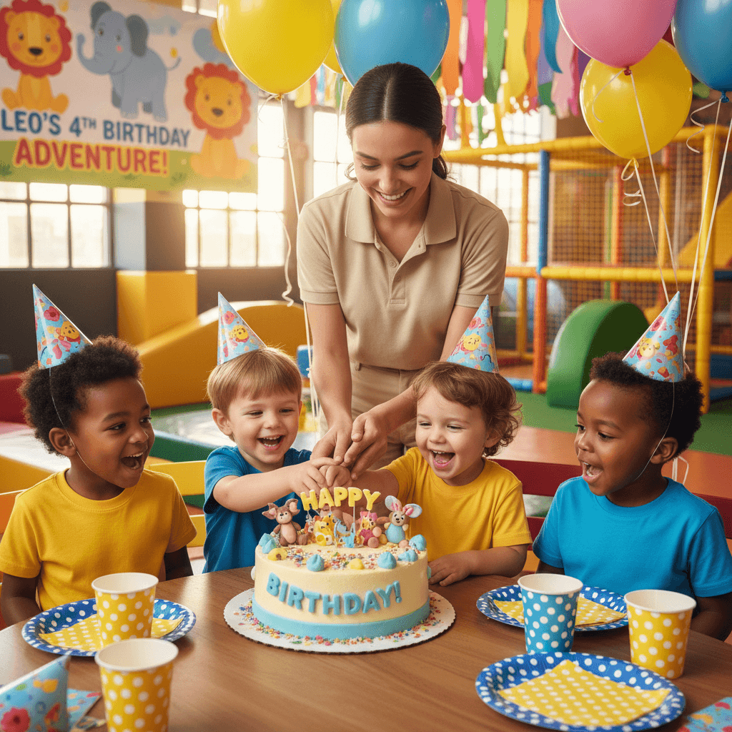Birthday party decoration with colorful balloons and floral arrangements
