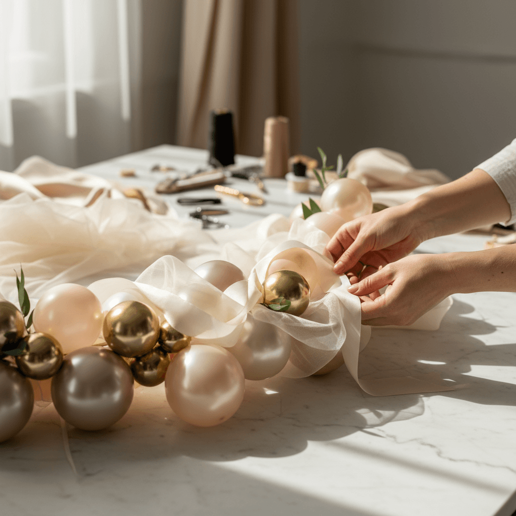 Florist arranging colorful flowers and balloons for event decoration