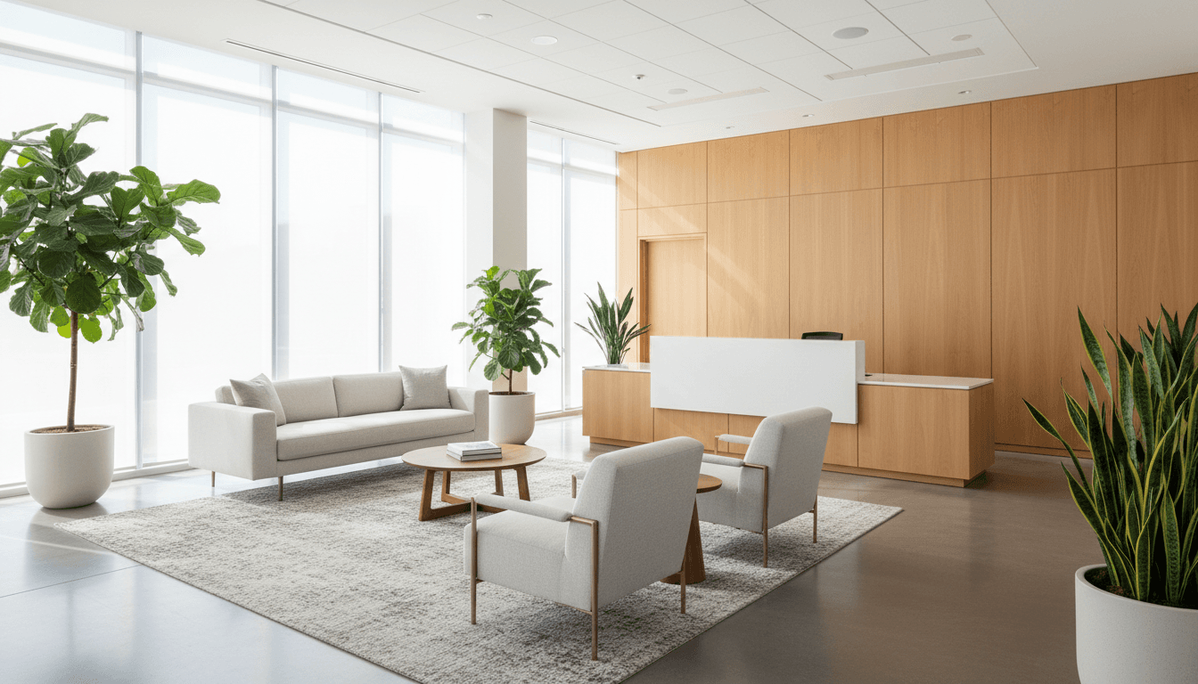 Corporate office decoration with professional floral arrangement and balloon accents