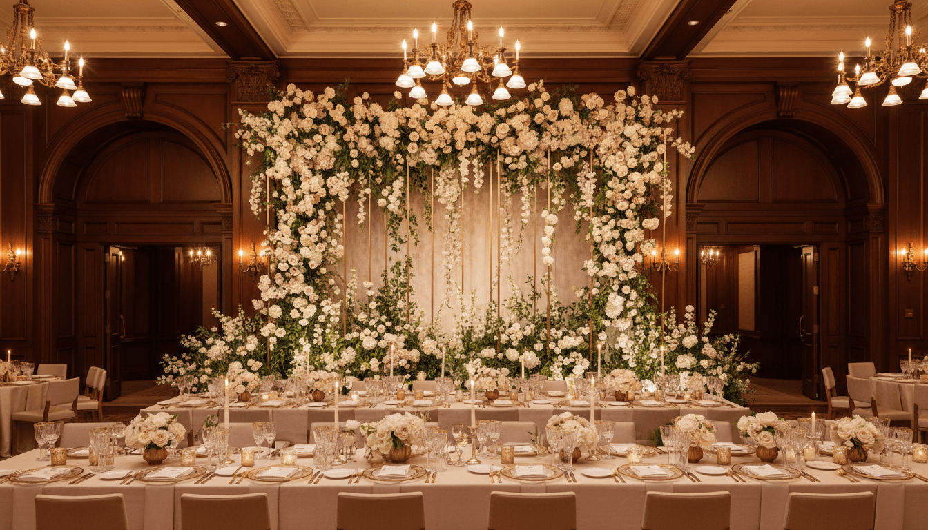 Party hall decoration with floral garlands, balloon arches, and centerpieces