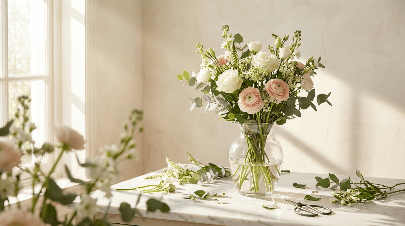 Florist arranging fresh flowers in a glass vase with balloons visible in the background