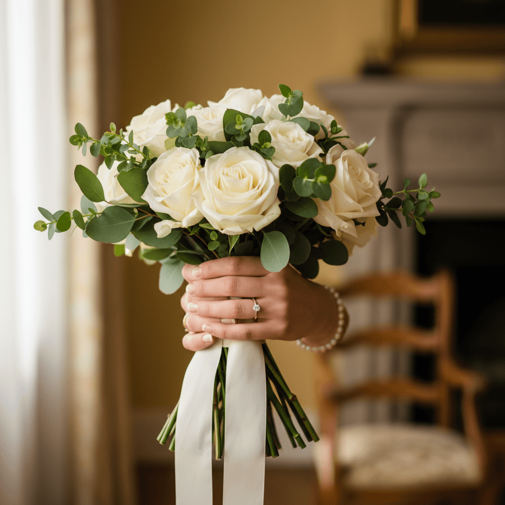 Bridal bouquet with white and blush roses