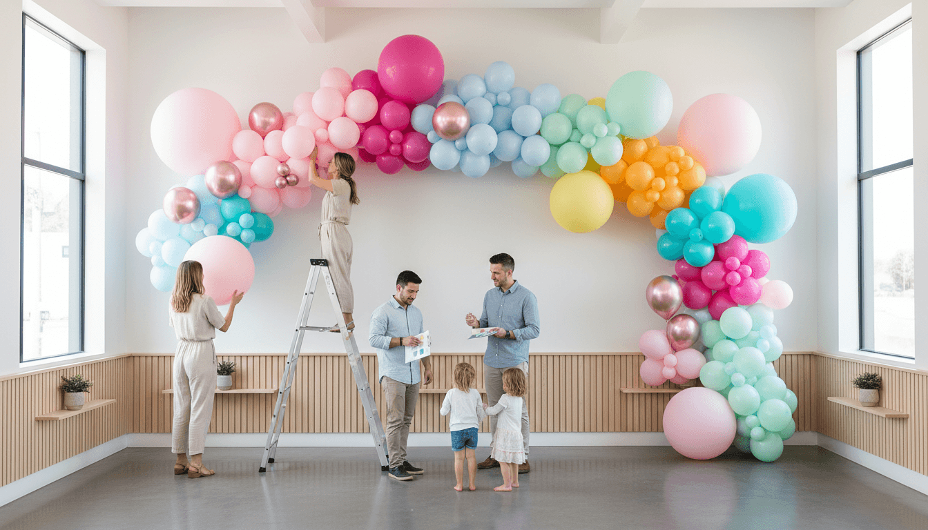 Wide view of festive balloon installation with people enjoying coordinated balloon arrangements in bright, modern event space