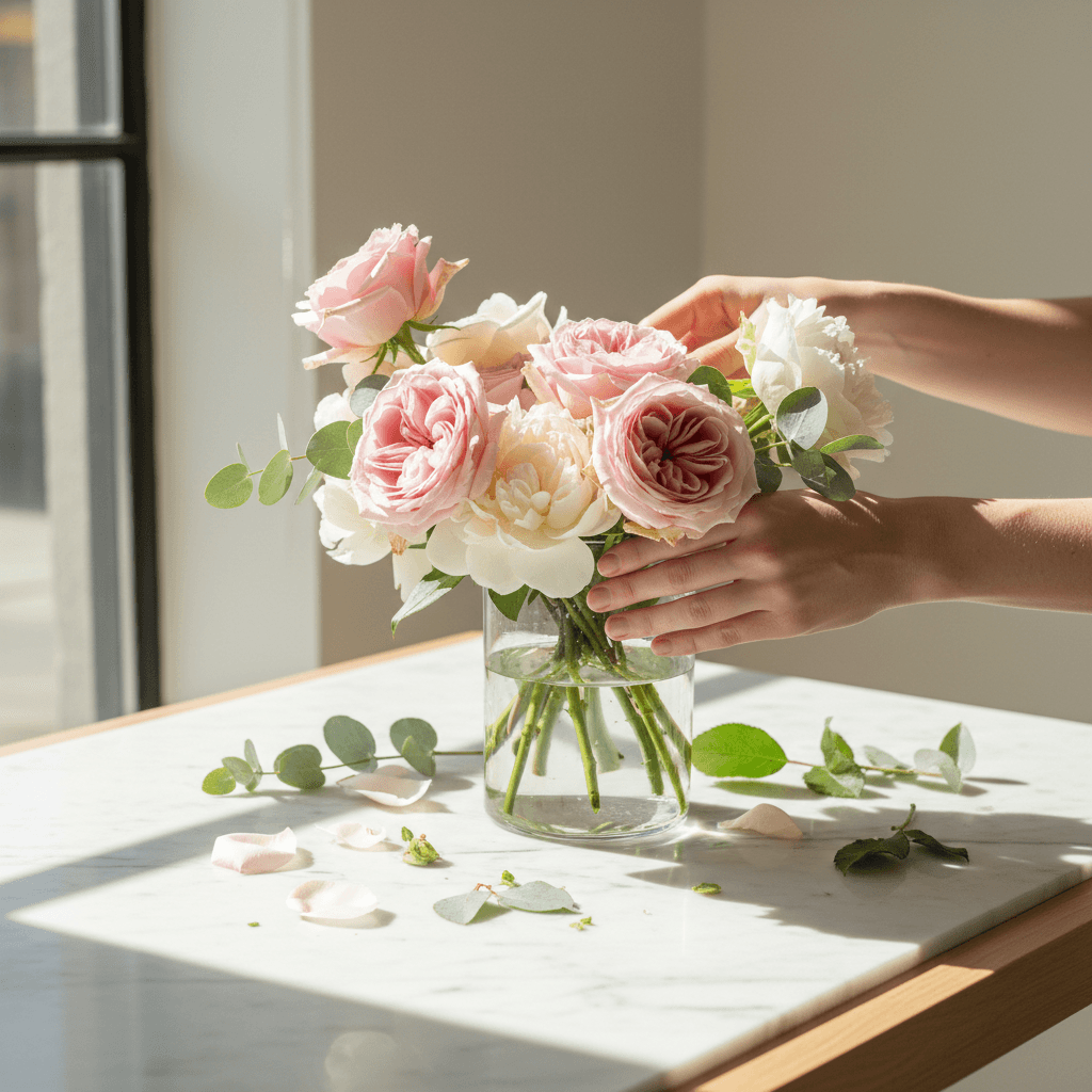 Vibrant floral arrangement with fresh roses and marigolds, professional florist arranging flowers with balloon decorations