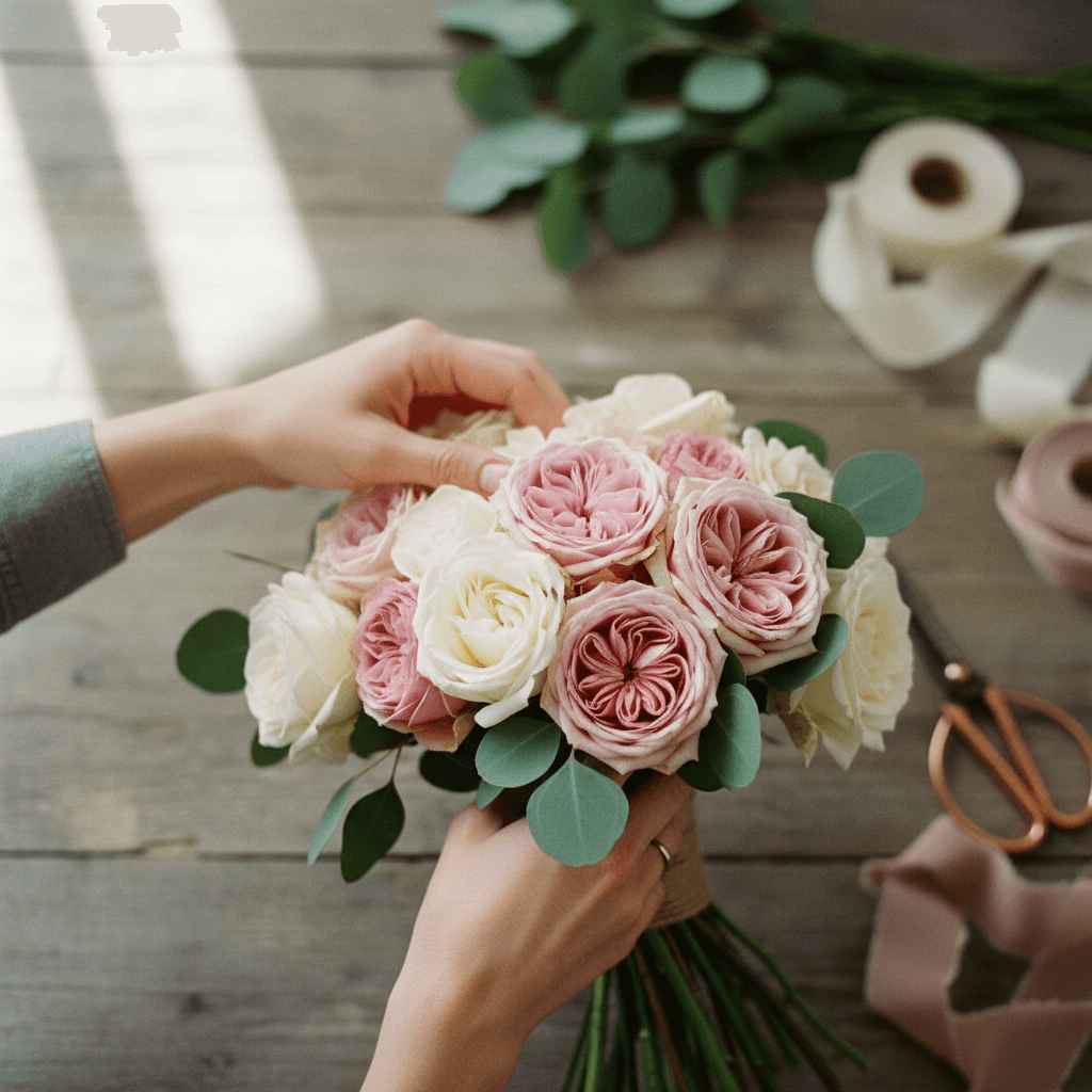Florist hands arranging colorful flowers into bouquet